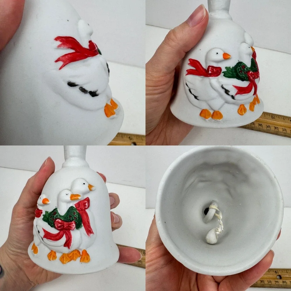 Vtg White Ceramic Unglazed Christmas Holiday Goose Hand Bell 3D Red Green READ